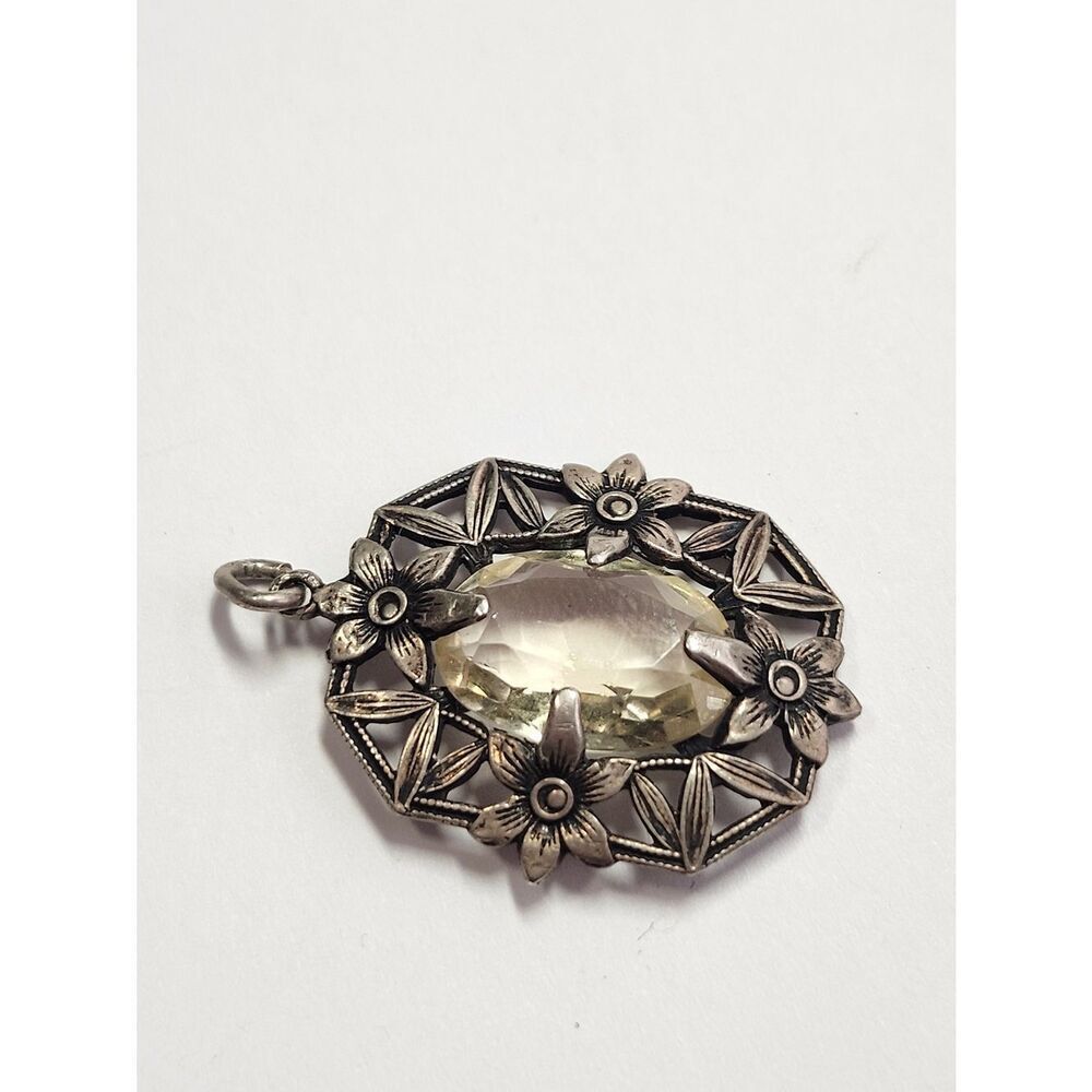 Sterling Silver Vintage Floral Frame Pendant with Citrine Gemstone - Picture 4 of 6